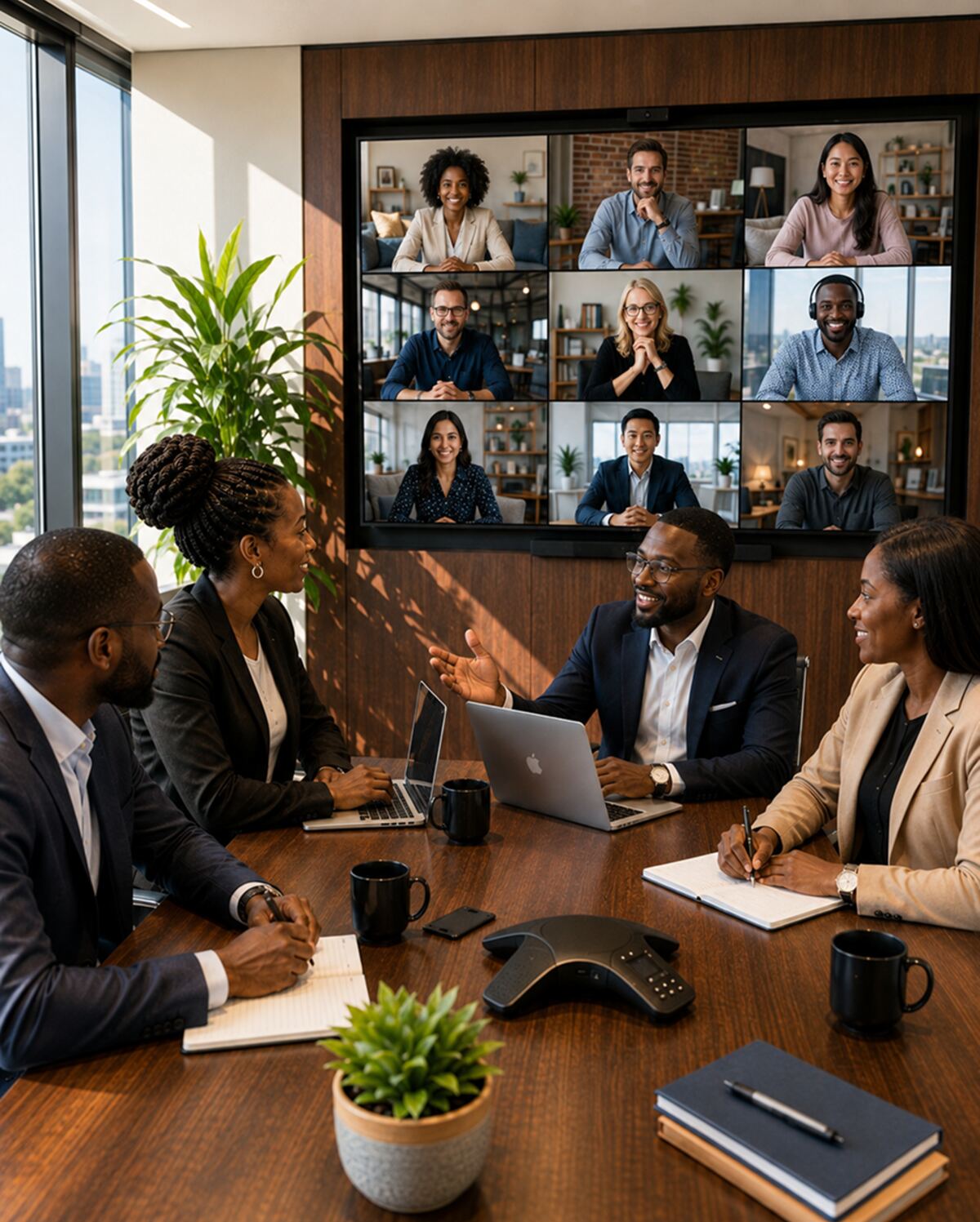 Colleagues meeting in a boardroom with remote teammates joining by video call